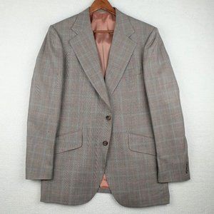 Vintage Blazer Jacket Mens 42L Tall Gray Check 100% Wool Two Button Single Vent